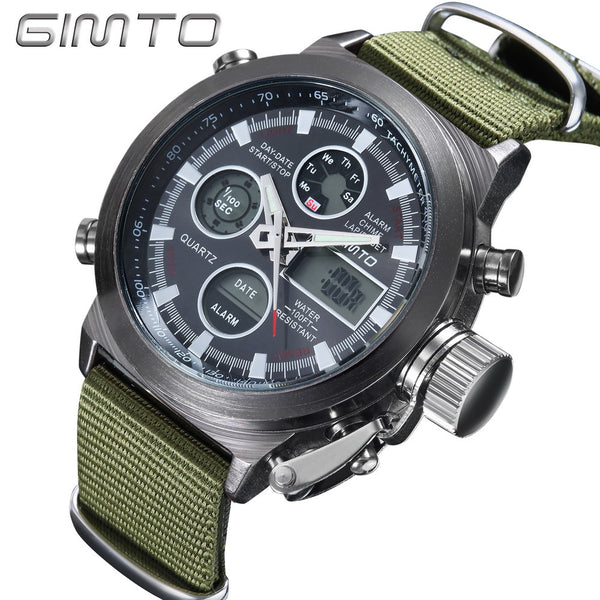 2016 Hot Brand GIMTO Quartz Digital Sports Watches Men Leather Nylon LED Military Army Waterproof Diving Wristwatch Reloj Hombre