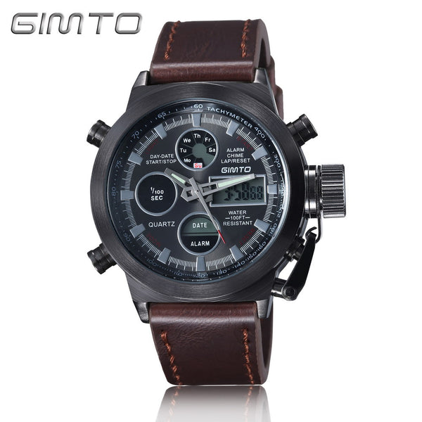 2016 Hot Brand GIMTO Quartz Digital Sports Watches Men Leather Nylon LED Military Army Waterproof Diving Wristwatch Reloj Hombre