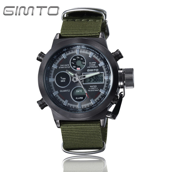 2016 Hot Brand GIMTO Quartz Digital Sports Watches Men Leather Nylon LED Military Army Waterproof Diving Wristwatch Reloj Hombre
