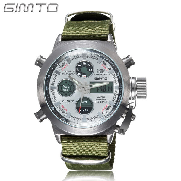 2016 Hot Brand GIMTO Quartz Digital Sports Watches Men Leather Nylon LED Military Army Waterproof Diving Wristwatch Reloj Hombre