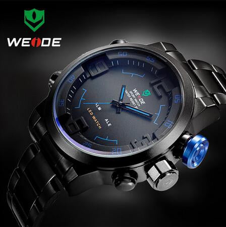 Original Brand WEIDE Sport Watch Series Digital LED Stainless Full Steel Black Silver Date Day Alarm Men's Quartz Military Watch